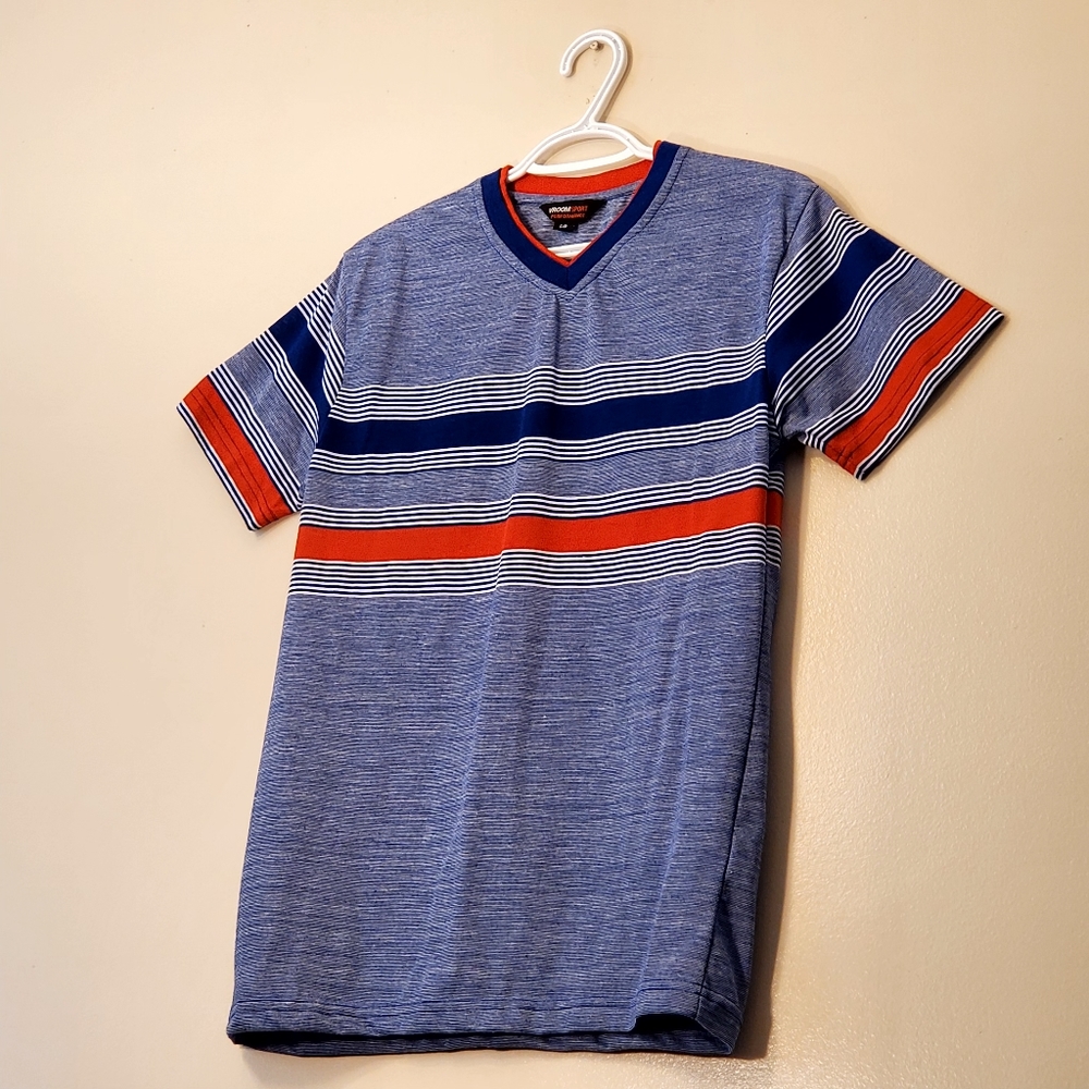 🔥NWOT Vroom Sport Performance Blue White Red Crew Neck T-shirt Men's US Small